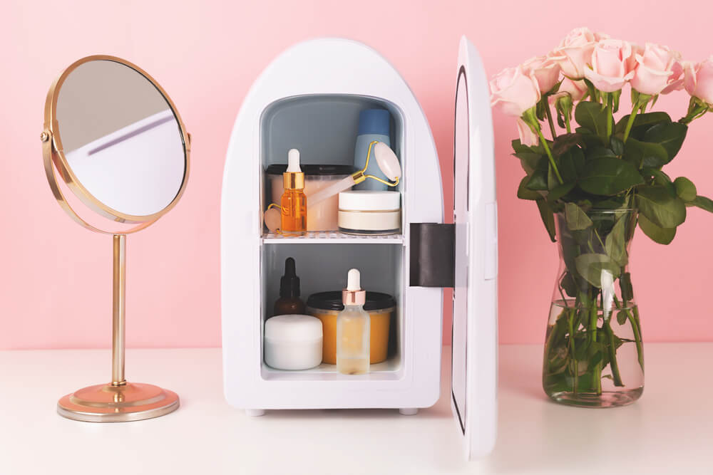 Beauty fridge with skin care products